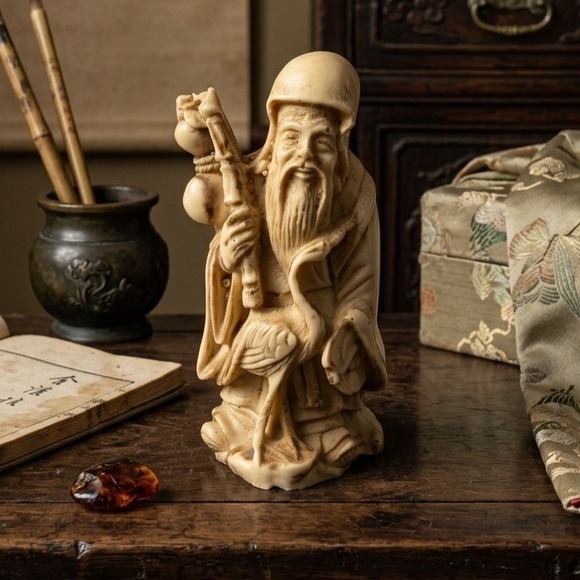 Other - Vintage Shou Lao Chinese God of Longevity Resin Figurine with Crane and Gourd